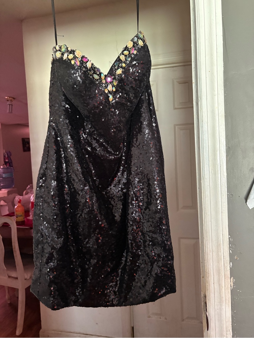 Black Sequin Mini Dress with Multicolor Gem Trim